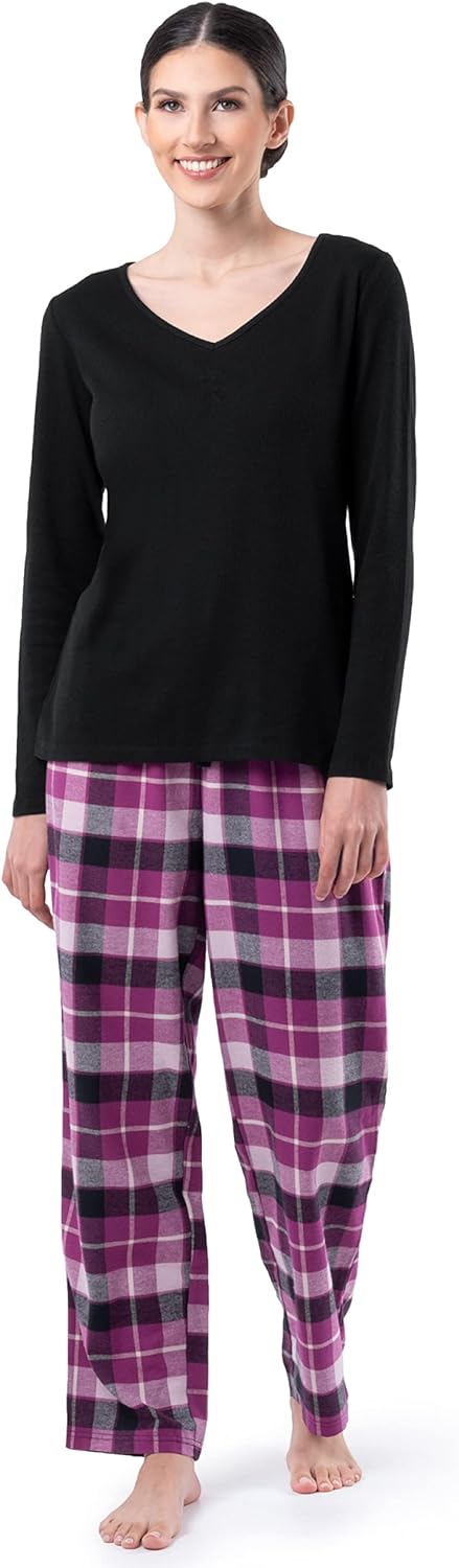 Fruit of the Loom Women's Waffle V-Neck Top and Flannel Pant Sleep Set