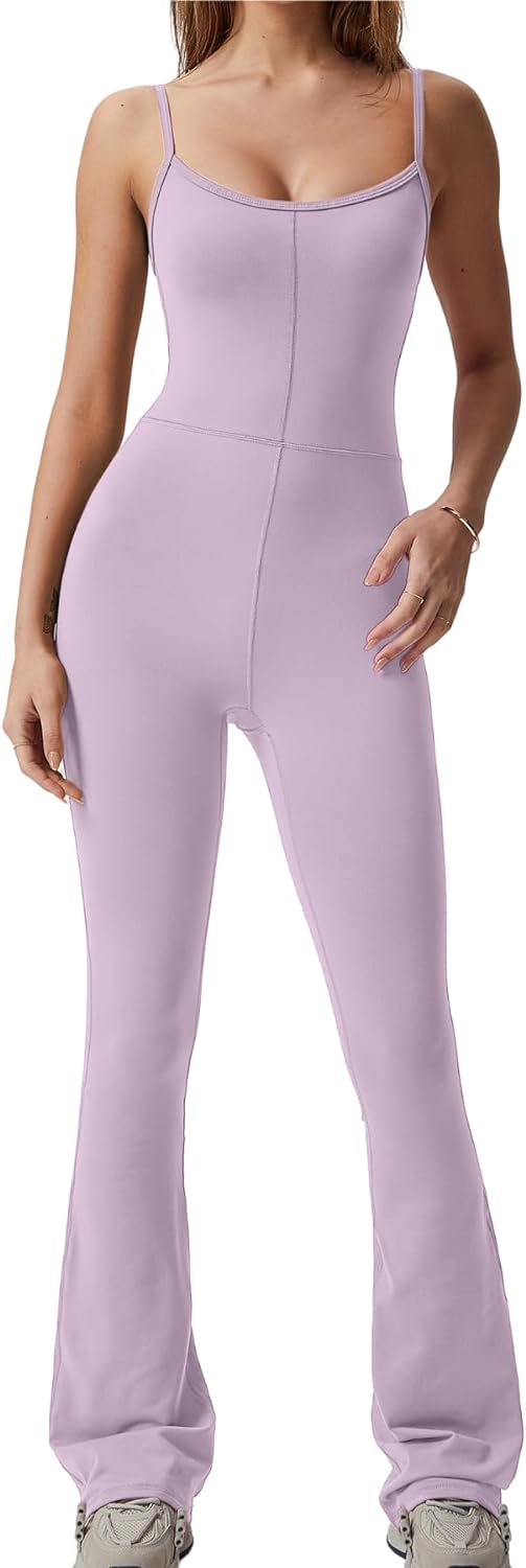 Flare Jumpsuits for Women Spaghetti Straps Scoop Neck Bodycon Full Length Casual Unitard Playsuit