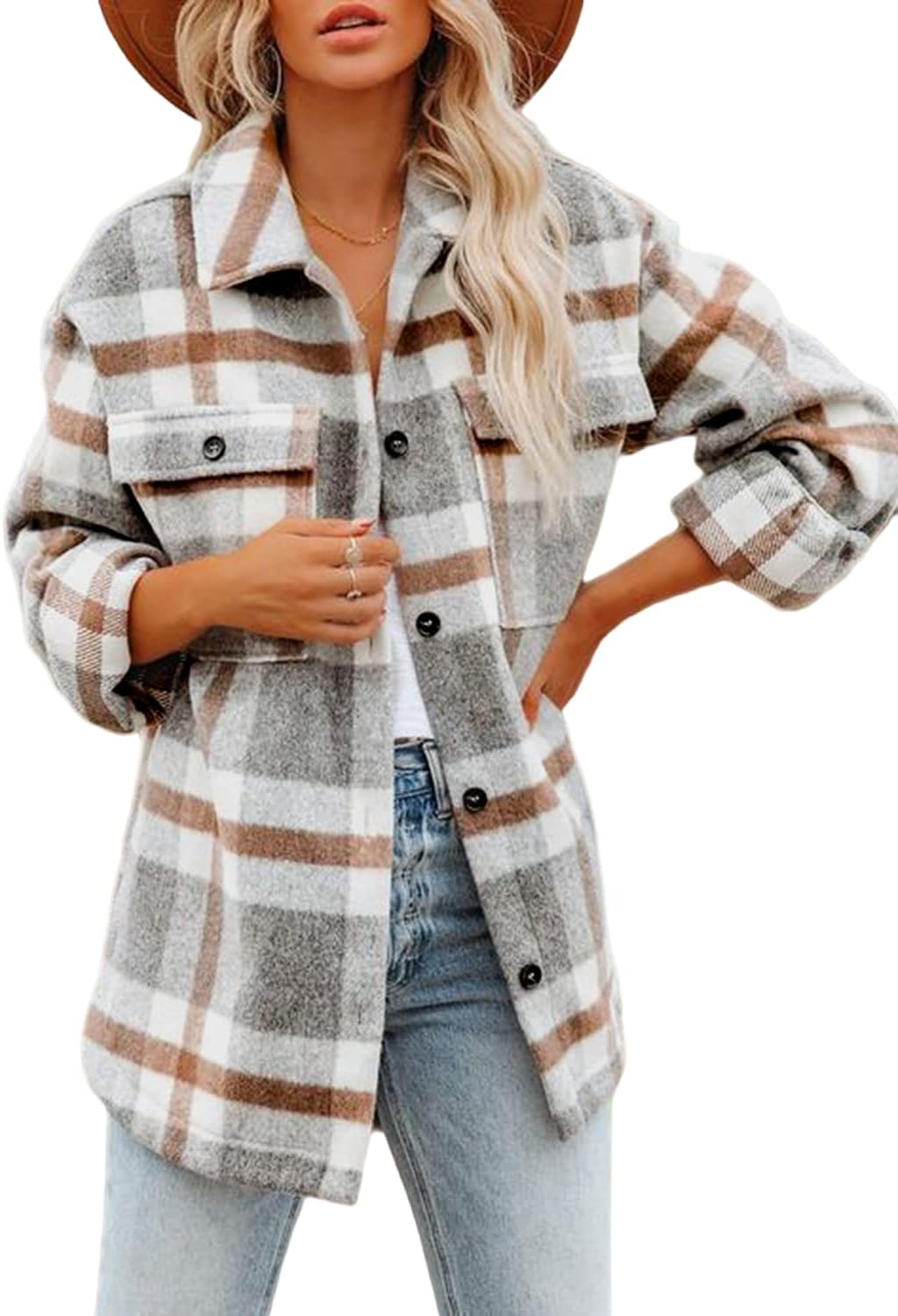 Womens Casual Plaid Shackets Brushed Flannel Button Down Shirt Jacket Coats with Side Pockets