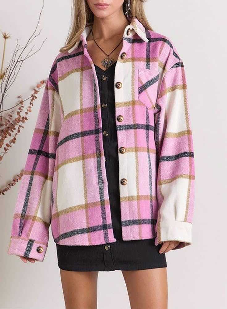 Womens Casual Plaid Shackets Brushed Flannel Button Down Shirt Jacket Coats with Side Pockets