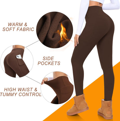 Fleece Lined Leggings with Pockets for Women High Waisted Thermal Winter Tummy Control Yoga Pants Workout Tights