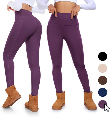 Fleece Lined Leggings with Pockets for Women High Waisted Thermal Winter Tummy Control Yoga Pants Workout Tights