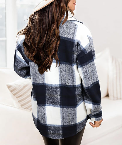 Womens Casual Plaid Shackets Brushed Flannel Button Down Shirt Jacket Coats with Side Pockets