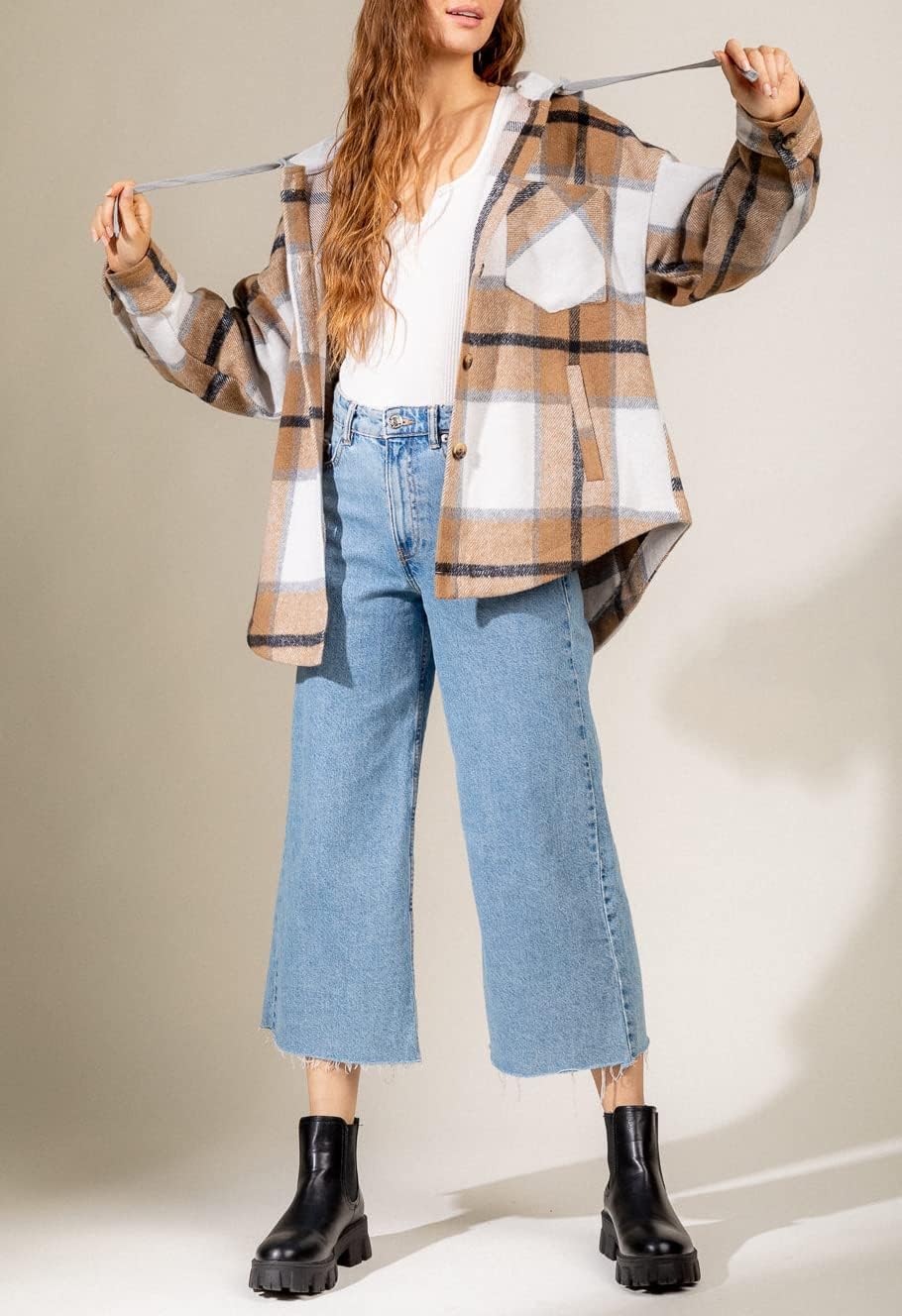 Womens Casual Plaid Shackets Brushed Flannel Button Down Shirt Jacket Coats with Side Pockets