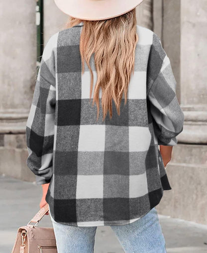 Womens Casual Plaid Shackets Brushed Flannel Button Down Shirt Jacket Coats with Side Pockets