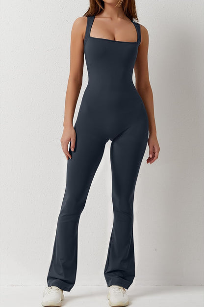 Flare Jumpsuits for Women Strappy Square Neck Bodycon Full Length Long Pants Casual Playsuit