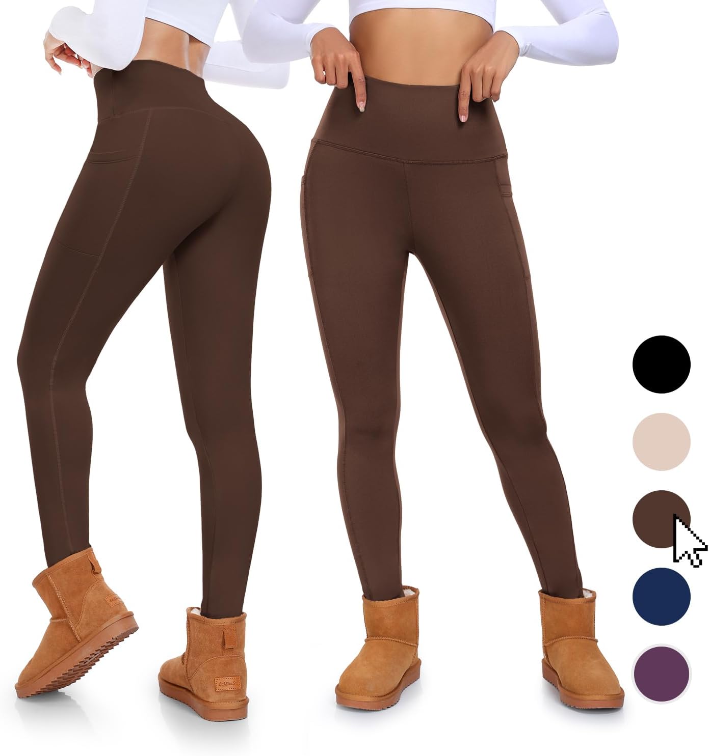 Fleece Lined Leggings with Pockets for Women High Waisted Thermal Winter Tummy Control Yoga Pants Workout Tights