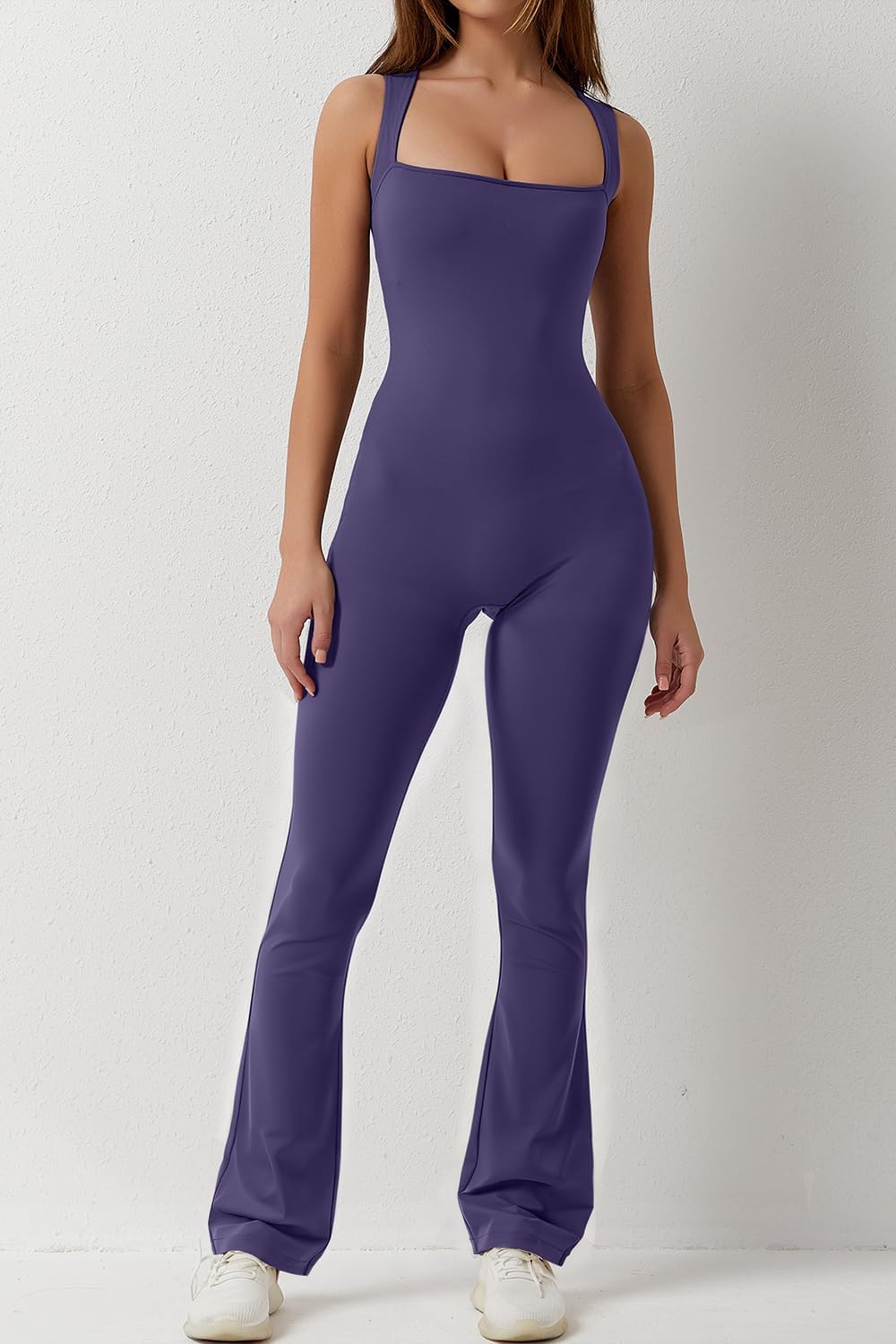 Flare Jumpsuits for Women Strappy Square Neck Bodycon Full Length Long Pants Casual Playsuit