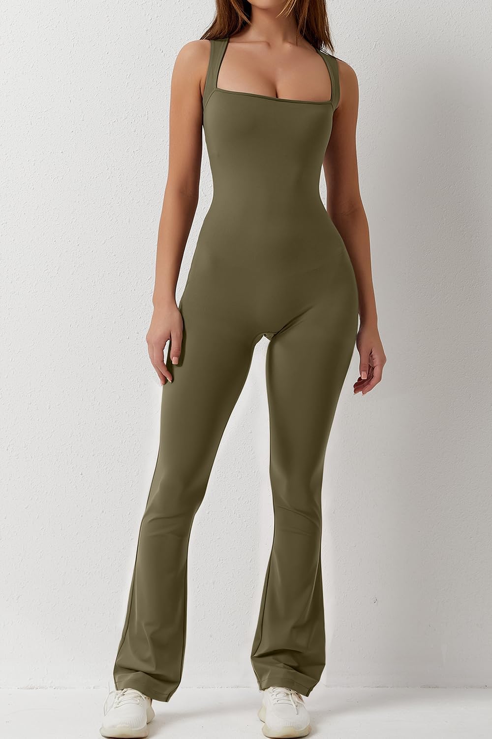 Flare Jumpsuits for Women Strappy Square Neck Bodycon Full Length Long Pants Casual Playsuit