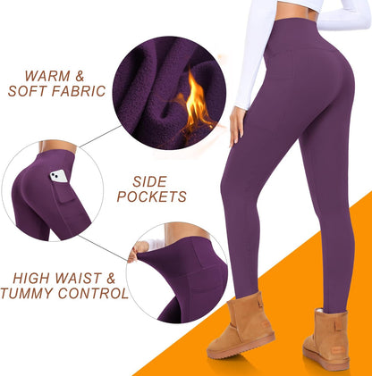 Fleece Lined Leggings with Pockets for Women High Waisted Thermal Winter Tummy Control Yoga Pants Workout Tights
