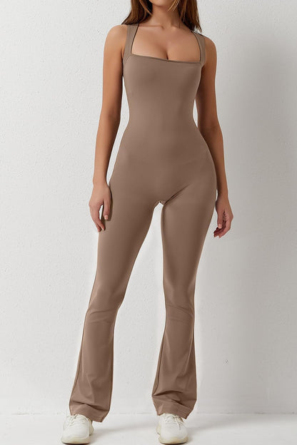 Flare Jumpsuits for Women Strappy Square Neck Bodycon Full Length Long Pants Casual Playsuit