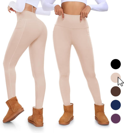 Fleece Lined Leggings with Pockets for Women High Waisted Thermal Winter Tummy Control Yoga Pants Workout Tights