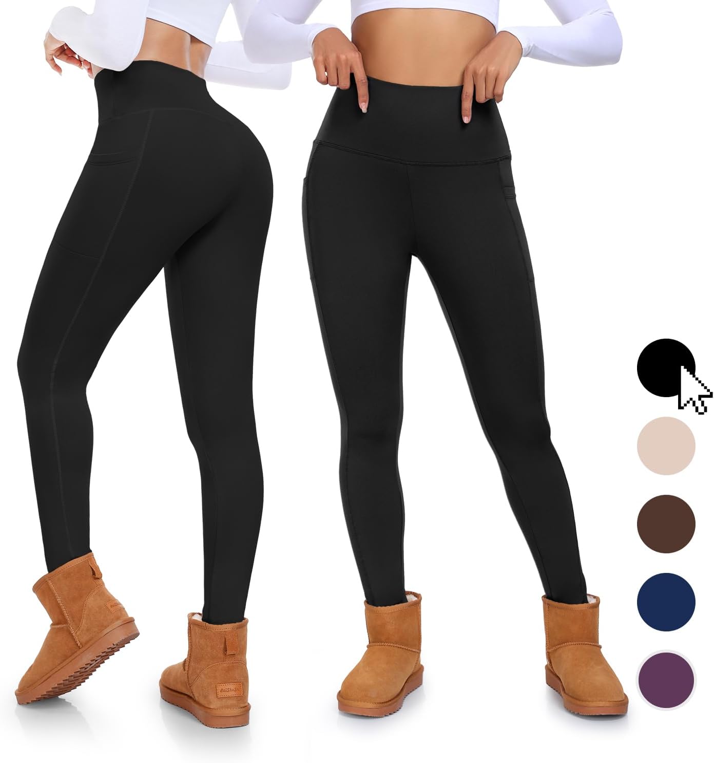 Fleece Lined Leggings with Pockets for Women High Waisted Thermal Winter Tummy Control Yoga Pants Workout Tights