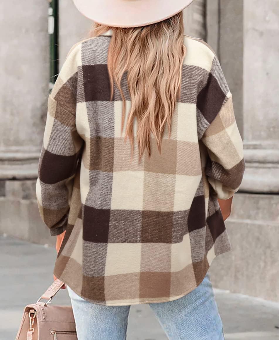 Womens Casual Plaid Shackets Brushed Flannel Button Down Shirt Jacket Coats with Side Pockets