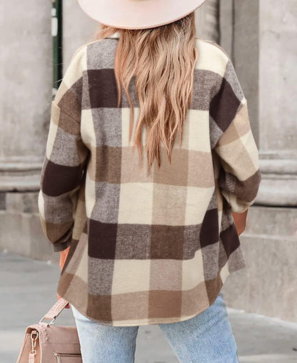 Womens Casual Plaid Shackets Brushed Flannel Button Down Shirt Jacket Coats with Side Pockets