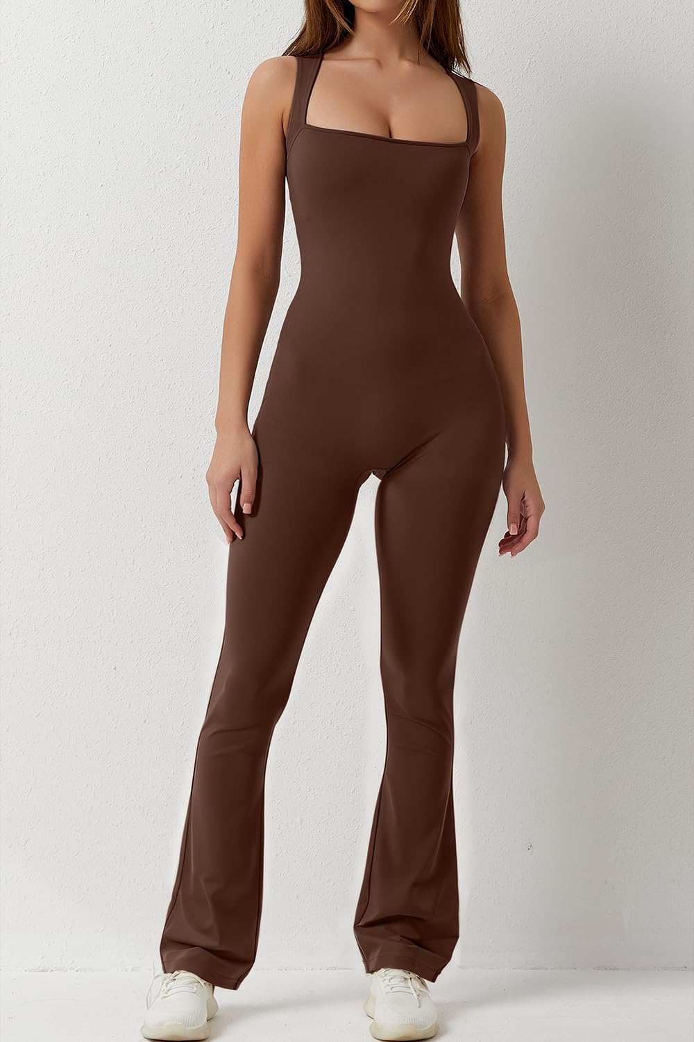 Flare Jumpsuits for Women Strappy Square Neck Bodycon Full Length Long Pants Casual Playsuit