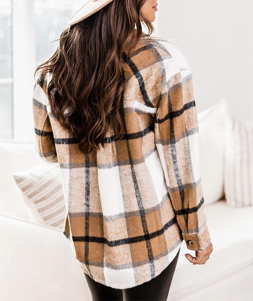 Womens Casual Plaid Shackets Brushed Flannel Button Down Shirt Jacket Coats with Side Pockets
