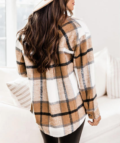 Womens Casual Plaid Shackets Brushed Flannel Button Down Shirt Jacket Coats with Side Pockets