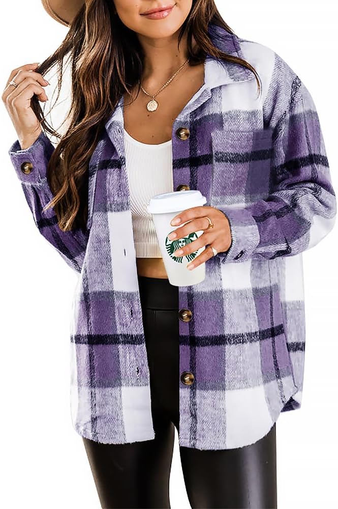 Womens Casual Plaid Shackets Brushed Flannel Button Down Shirt Jacket Coats with Side Pockets