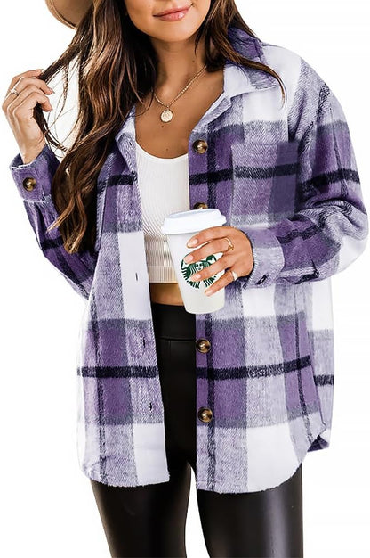 Womens Casual Plaid Shackets Brushed Flannel Button Down Shirt Jacket Coats with Side Pockets