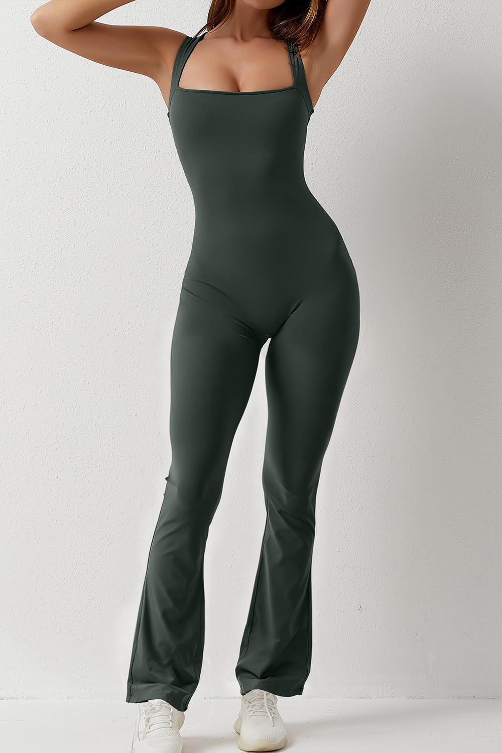 Flare Jumpsuits for Women Strappy Square Neck Bodycon Full Length Long Pants Casual Playsuit