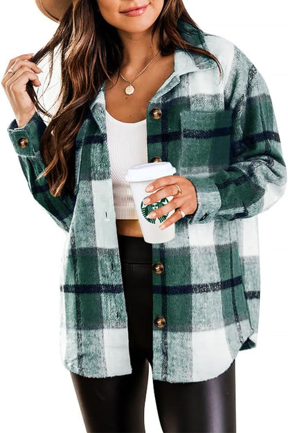 Womens Casual Plaid Shackets Brushed Flannel Button Down Shirt Jacket Coats with Side Pockets