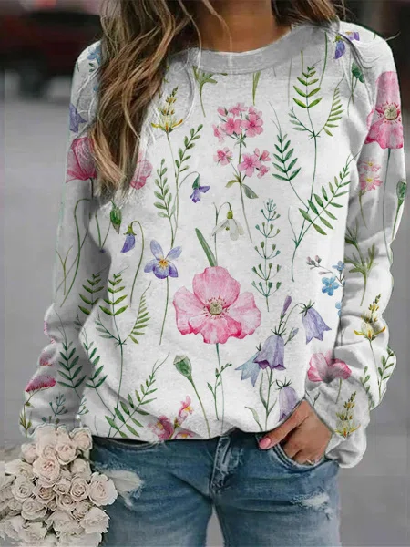 Floral Crew Neck Long Sleeves Sweatshirts