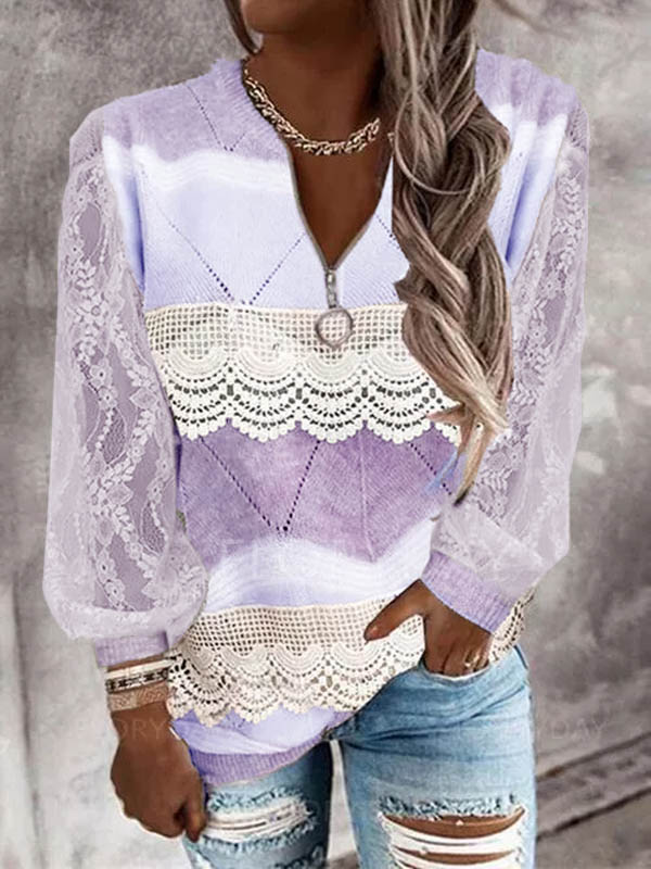 Color block casual zipper lace sleeve top