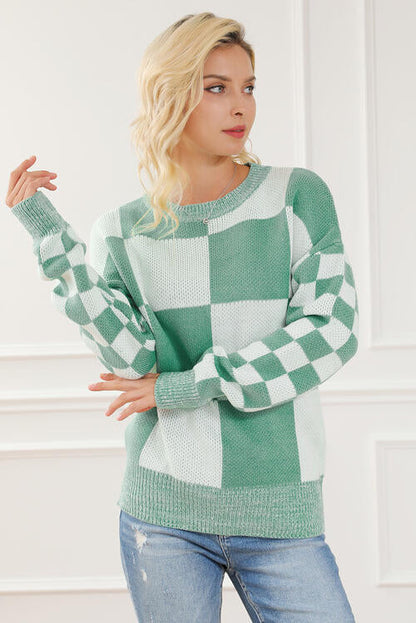 Checkered Drop Shoulder Long Sleeve Sweater AC