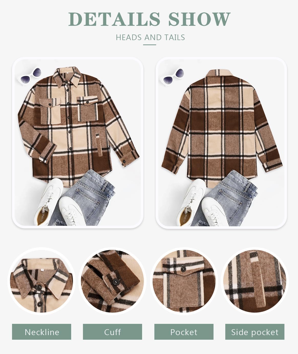 Womens Casual Plaid Shackets Brushed Flannel Button Down Shirt Jacket Coats with Side Pockets