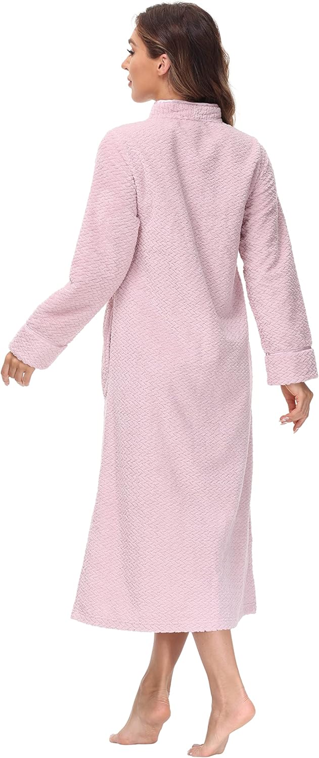 Embossed Plush Front Zipper Robe for Women - Full-Length Housecoat - Ladies Bathrobe with Pocket, Collar & Cuff, Chalky Rose, XS