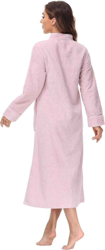 Embossed Plush Front Zipper Robe for Women - Full-Length Housecoat - Ladies Bathrobe with Pocket, Collar & Cuff, Chalky Rose, XS