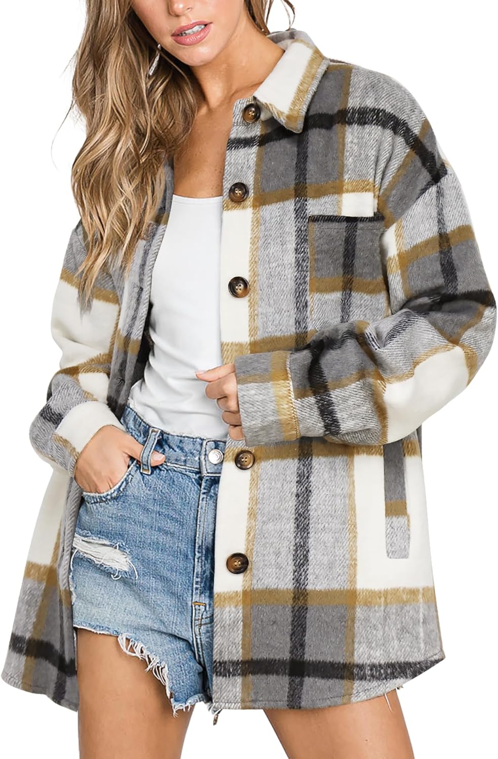 Womens Casual Plaid Shackets Brushed Flannel Button Down Shirt Jacket Coats with Side Pockets