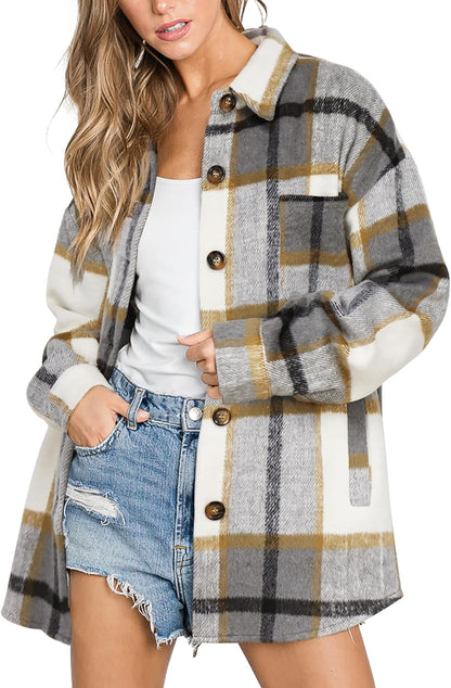 Womens Casual Plaid Shackets Brushed Flannel Button Down Shirt Jacket Coats with Side Pockets
