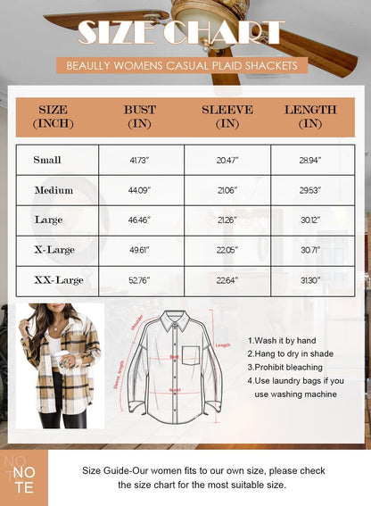Womens Casual Plaid Shackets Brushed Flannel Button Down Shirt Jacket Coats with Side Pockets
