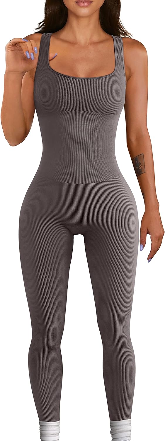 Women's Yoga Ribbed One Piece Tank Tops Rompers Sleeveless Exercise Jumpsuits