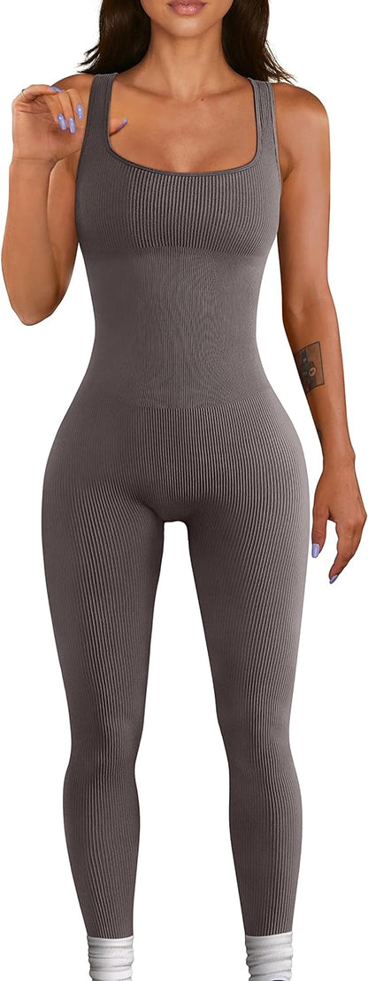 Women's Yoga Ribbed One Piece Tank Tops Rompers Sleeveless Exercise Jumpsuits