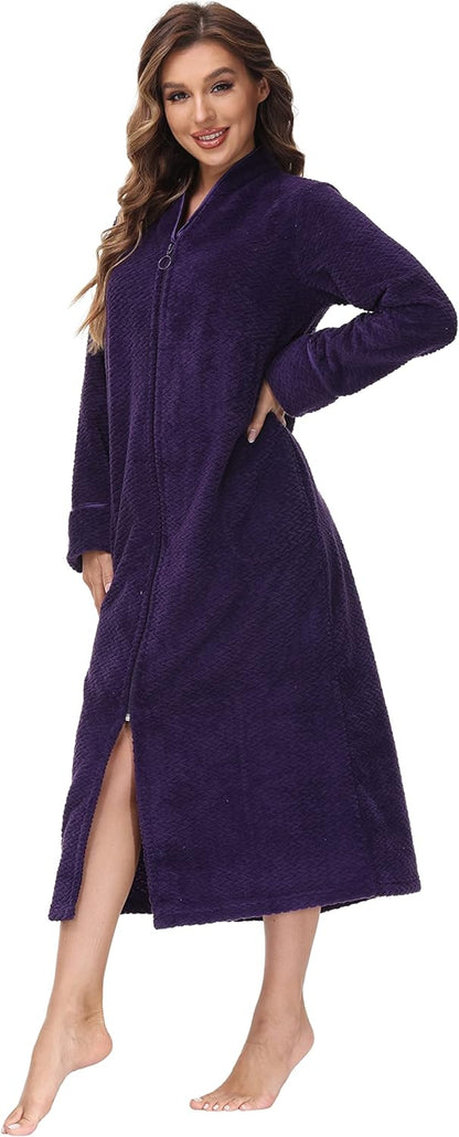 Embossed Plush Front Zipper Robe for Women - Full-Length Housecoat - Ladies Bathrobe with Pocket, Collar & Cuff, Chalky Rose, XS