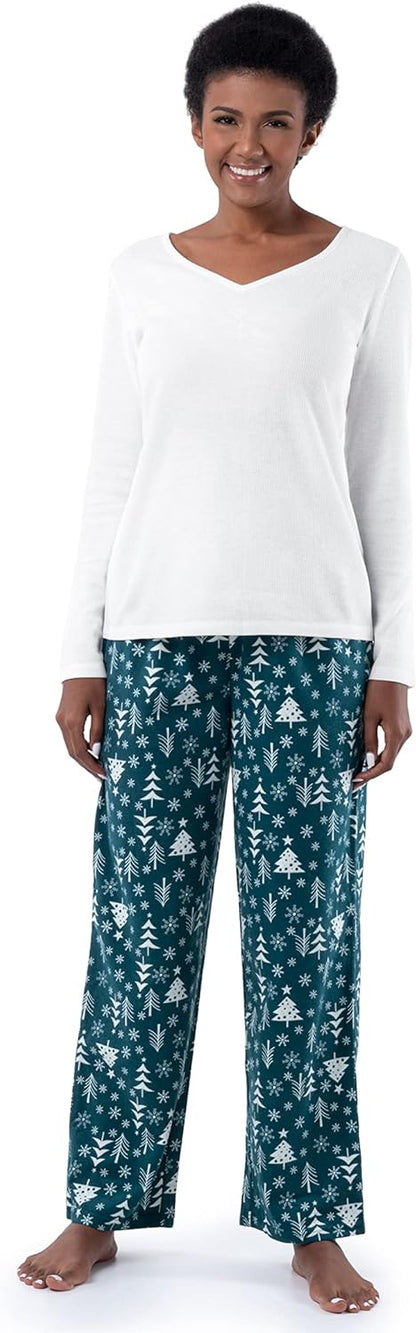 Fruit of the Loom Women's Waffle V-Neck Top and Flannel Pant Sleep Set
