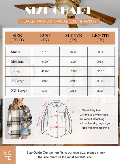 Womens Casual Plaid Shackets Brushed Flannel Button Down Shirt Jacket Coats with Side Pockets