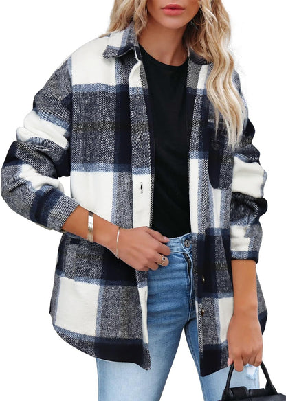 Womens Casual Plaid Shackets Brushed Flannel Button Down Shirt Jacket Coats with Side Pockets