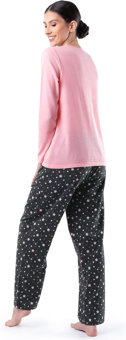Fruit of the Loom Women's Waffle V-Neck Top and Flannel Pant Sleep Set