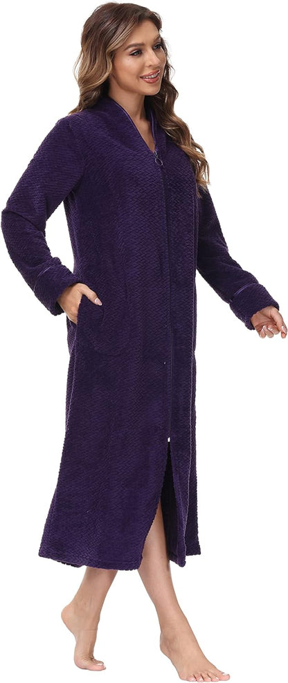 Embossed Plush Front Zipper Robe for Women - Full-Length Housecoat - Ladies Bathrobe with Pocket, Collar & Cuff, Chalky Rose, XS