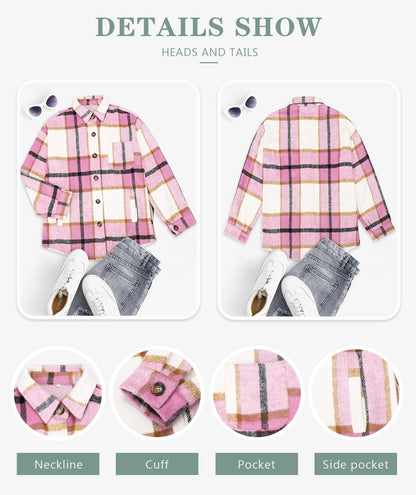 Womens Casual Plaid Shackets Brushed Flannel Button Down Shirt Jacket Coats with Side Pockets