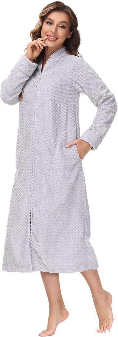 Embossed Plush Front Zipper Robe for Women - Full-Length Housecoat - Ladies Bathrobe with Pocket, Collar & Cuff, Chalky Rose, XS