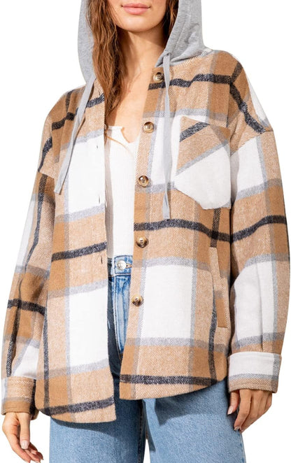 Womens Casual Plaid Shackets Brushed Flannel Button Down Shirt Jacket Coats with Side Pockets