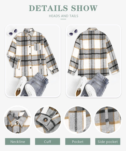 Womens Casual Plaid Shackets Brushed Flannel Button Down Shirt Jacket Coats with Side Pockets