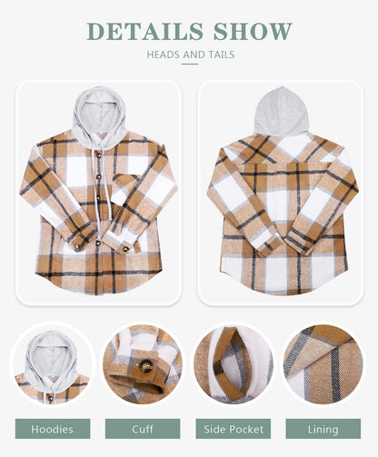 Womens Casual Plaid Shackets Brushed Flannel Button Down Shirt Jacket Coats with Side Pockets