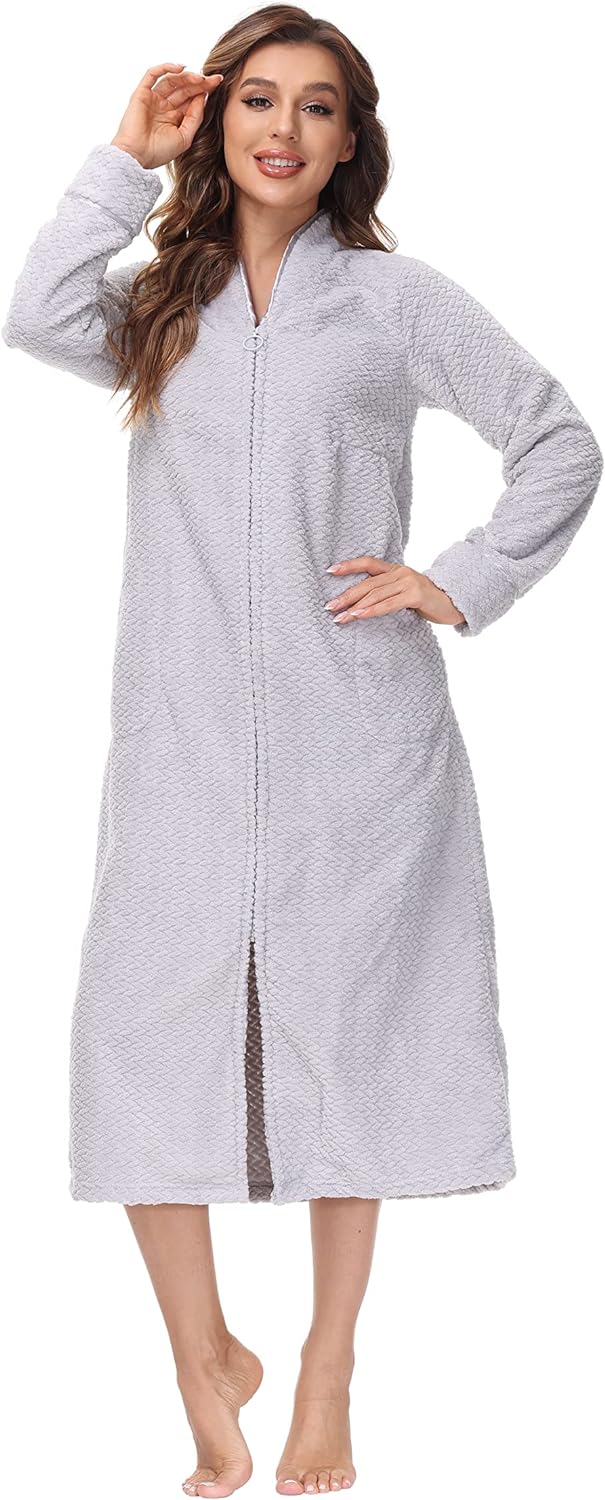 Embossed Plush Front Zipper Robe for Women - Full-Length Housecoat - Ladies Bathrobe with Pocket, Collar & Cuff, Chalky Rose, XS