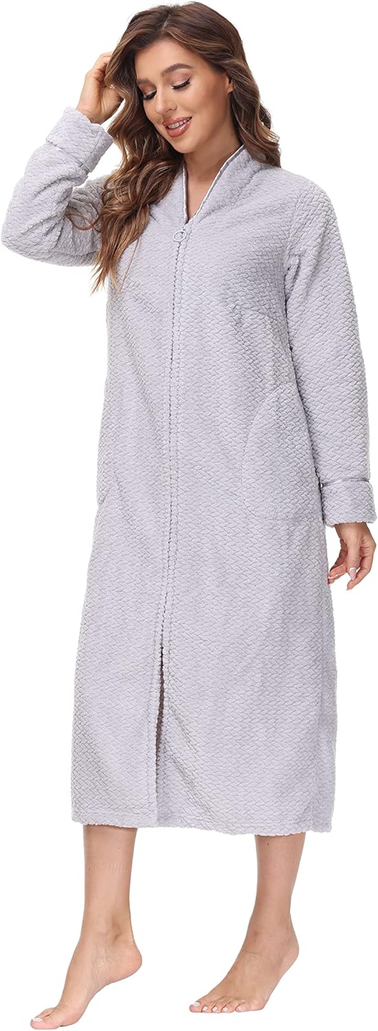 Embossed Plush Front Zipper Robe for Women - Full-Length Housecoat - Ladies Bathrobe with Pocket, Collar & Cuff, Chalky Rose, XS